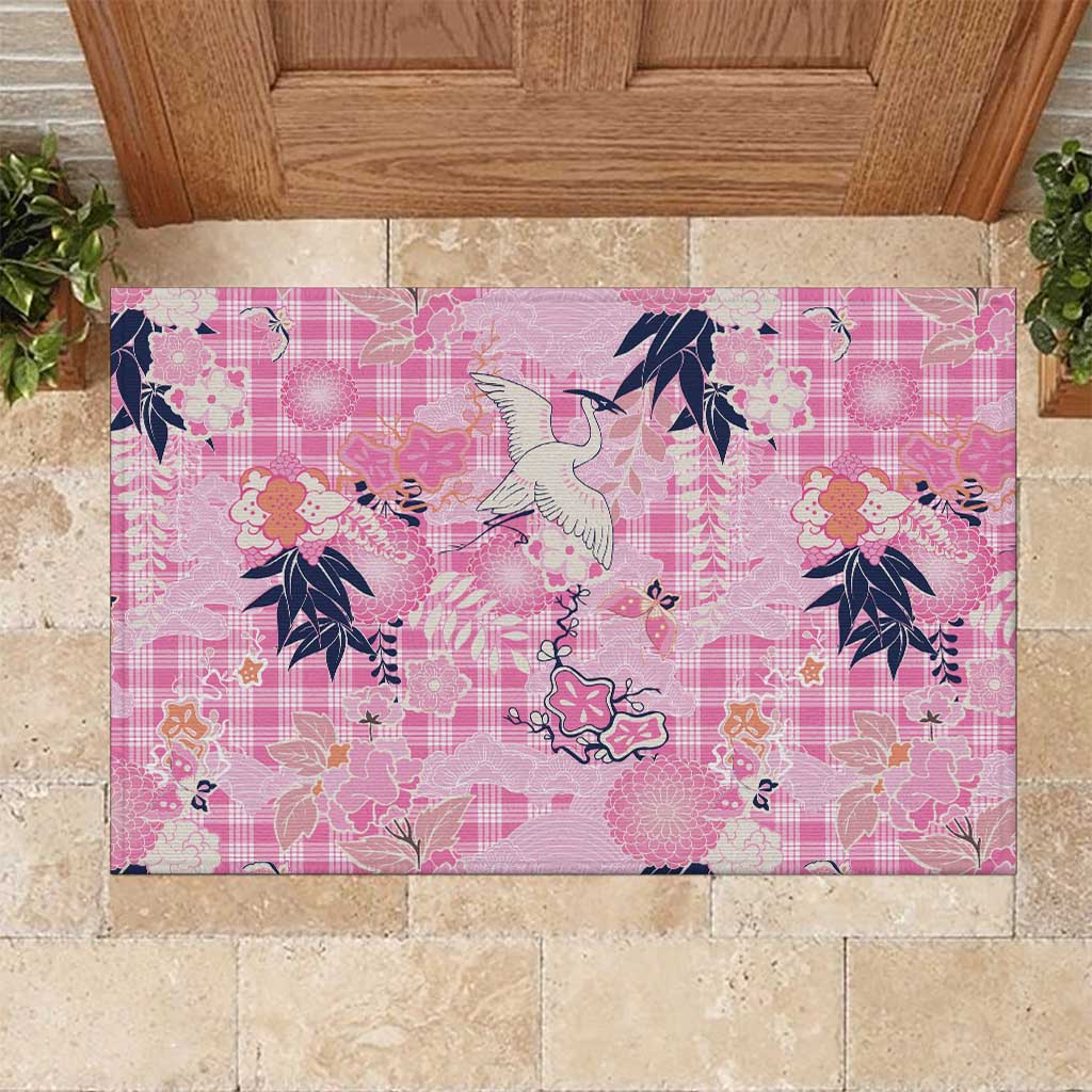 Pink Palaka Crane and Flowers Rubber Doormat Japan Heritage Spirit - Polynesian Pride