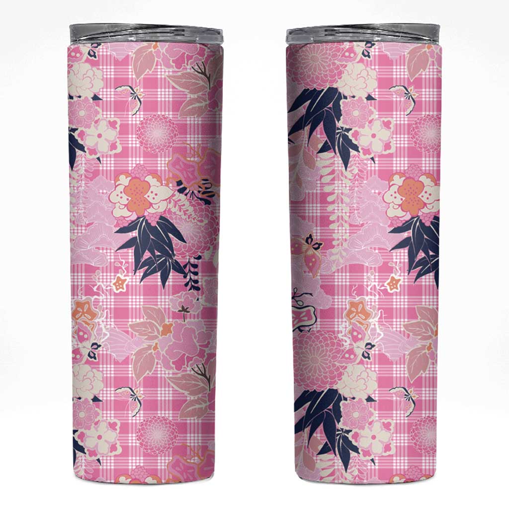 Pink Palaka Crane and Flowers Skinny Tumbler Japan Heritage Spirit - Polynesian Pride