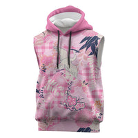 Pink Palaka Crane and Flowers Sleeveless Hoodie Japan Heritage Spirit - Polynesian Pride
