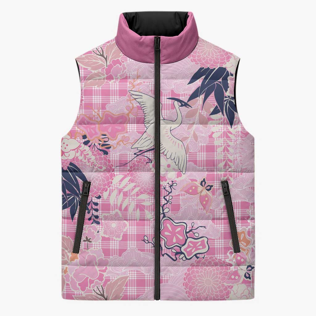 Pink Palaka Crane and Flowers Sleeveless Puffer Jacket Japan Heritage Spirit - Polynesian Pride