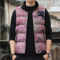 Pink Palaka Crane and Flowers Sleeveless Puffer Jacket Japan Heritage Spirit - Polynesian Pride