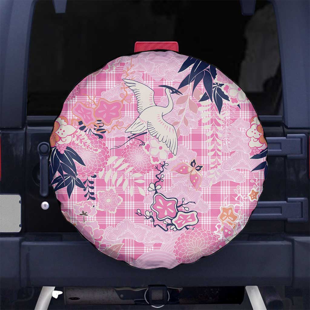Pink Palaka Crane and Flowers Spare Tire Cover Japan Heritage Spirit LT9 No hole Pink - Polynesian Pride