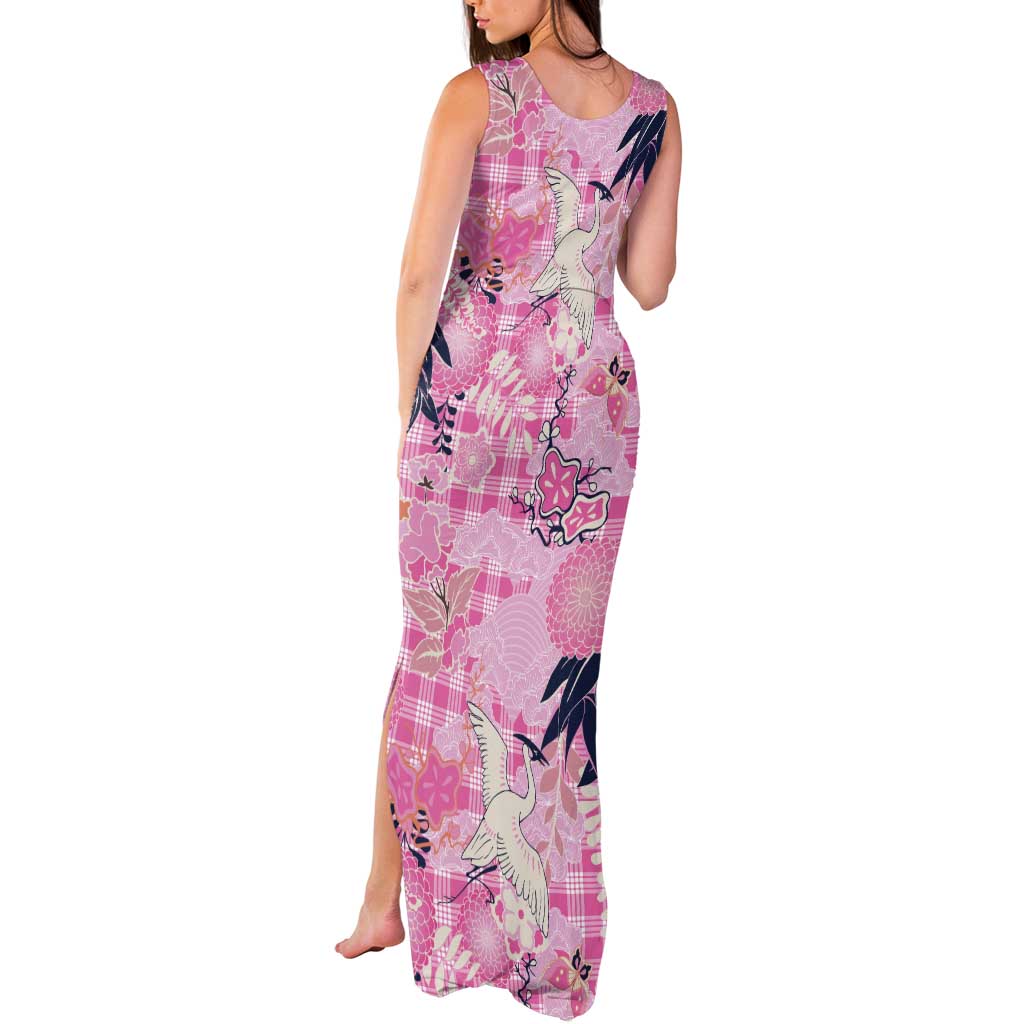 Pink Palaka Crane and Flowers Tank Maxi Dress Japan Heritage Spirit LT9 - Polynesian Pride