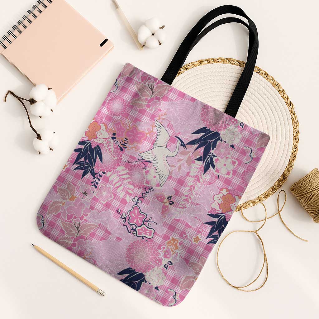 Pink Palaka Crane and Flowers Tote Bag Japan Heritage Spirit - Polynesian Pride