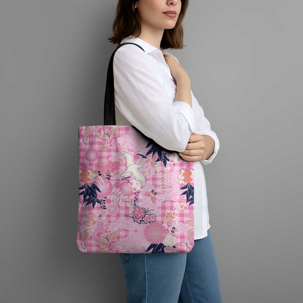 Pink Palaka Crane and Flowers Tote Bag Japan Heritage Spirit - Polynesian Pride