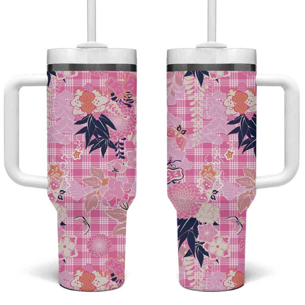 Pink Palaka Crane and Flowers Tumbler With Handle Japan Heritage Spirit - Polynesian Pride