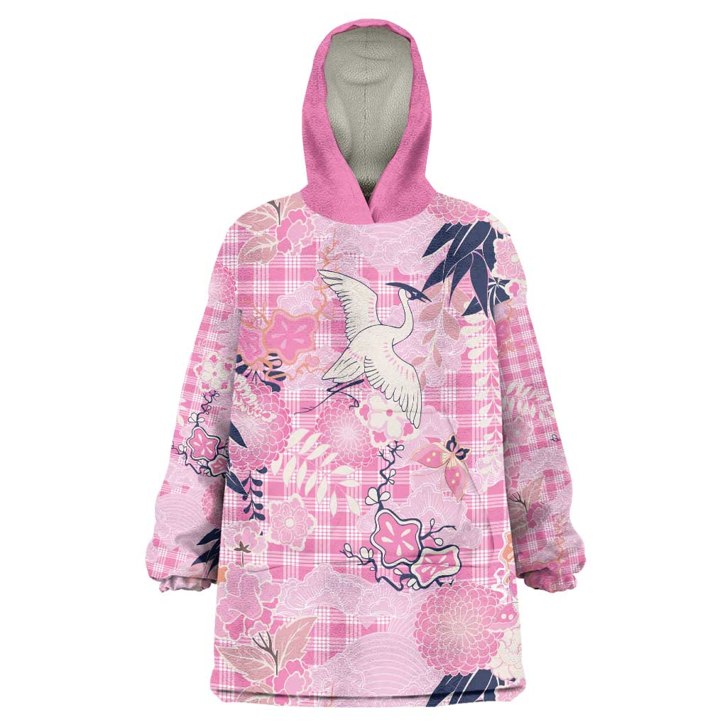 Pink Palaka Crane and Flowers Wearable Blanket Hoodie Japan Heritage Spirit - Polynesian Pride