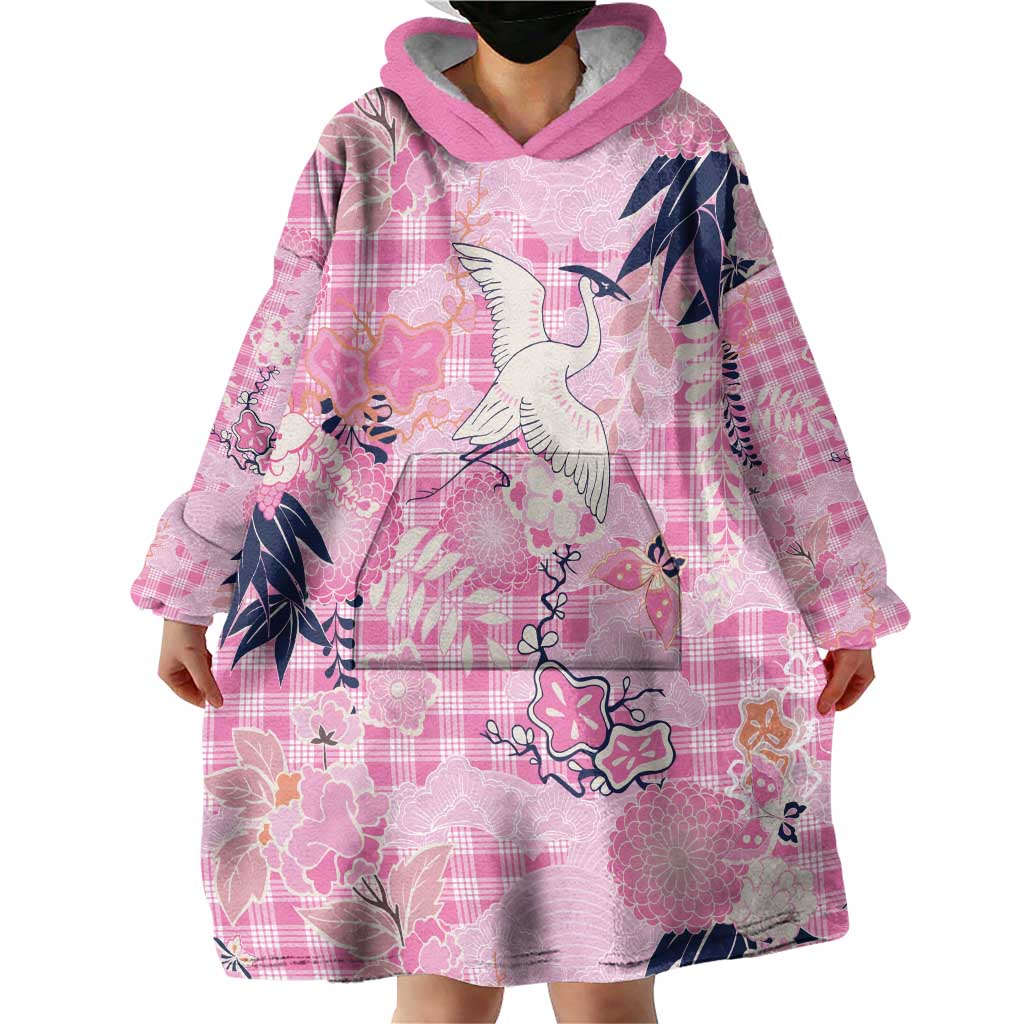 Pink Palaka Crane and Flowers Wearable Blanket Hoodie Japan Heritage Spirit LT9 - Polynesian Pride