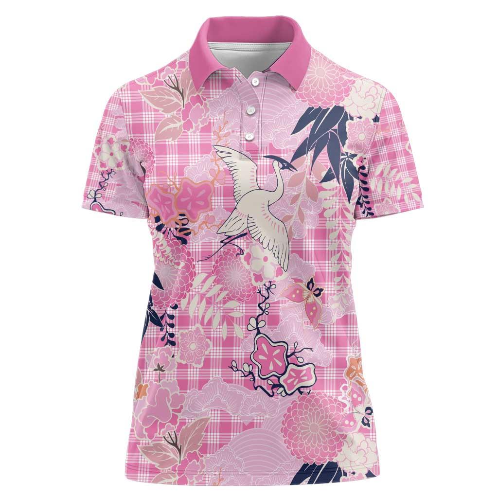 Pink Palaka Crane and Flowers Women Polo Shirt Japan Heritage Spirit - Polynesian Pride