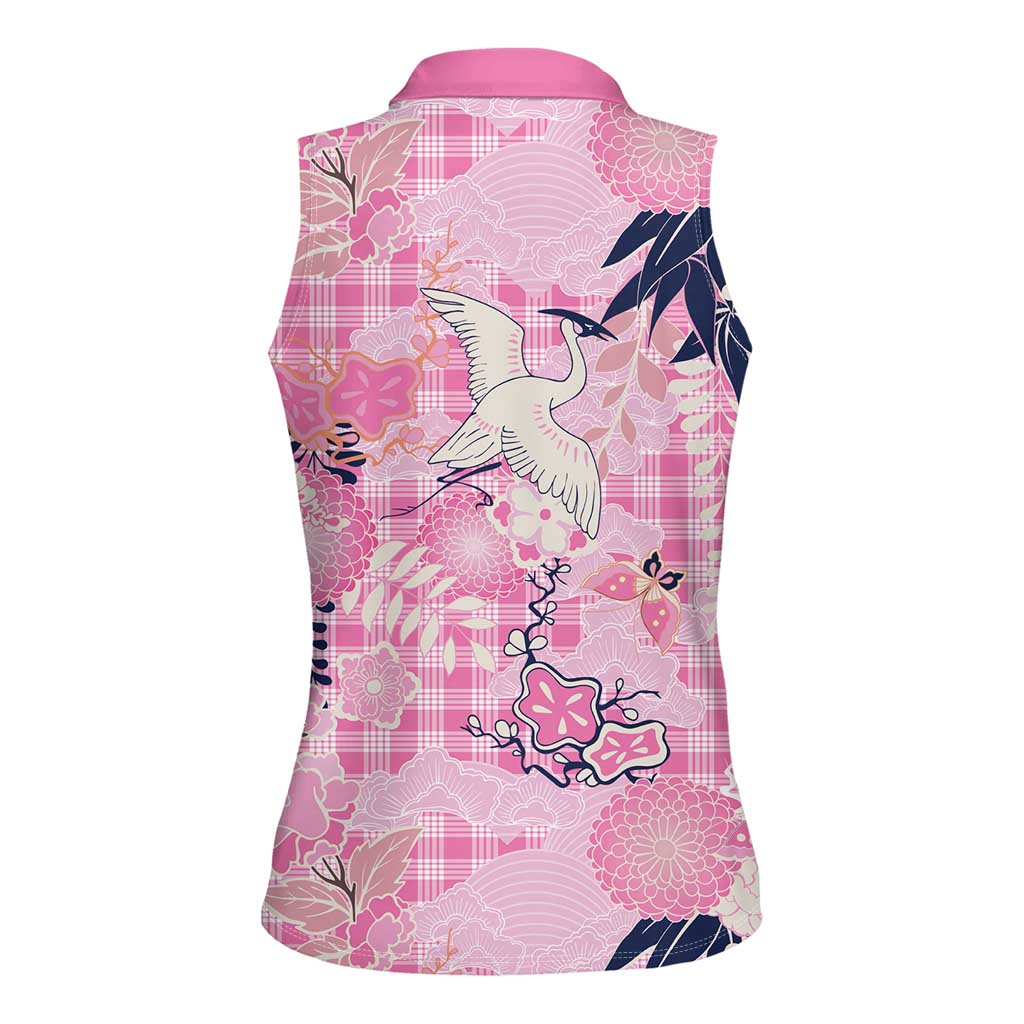 Pink Palaka Crane and Flowers Women Sleeveless Polo Shirt Japan Heritage Spirit - Polynesian Pride
