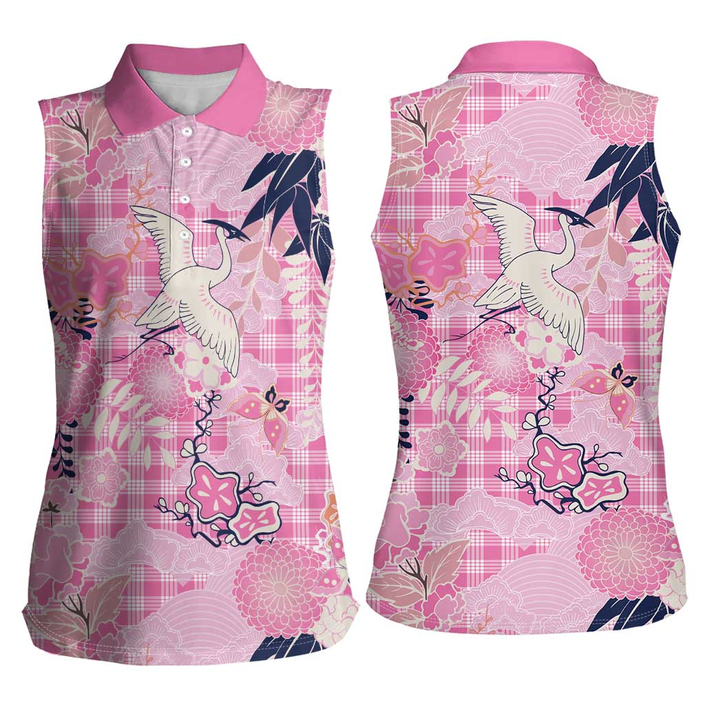 Pink Palaka Crane and Flowers Women Sleeveless Polo Shirt Japan Heritage Spirit - Polynesian Pride