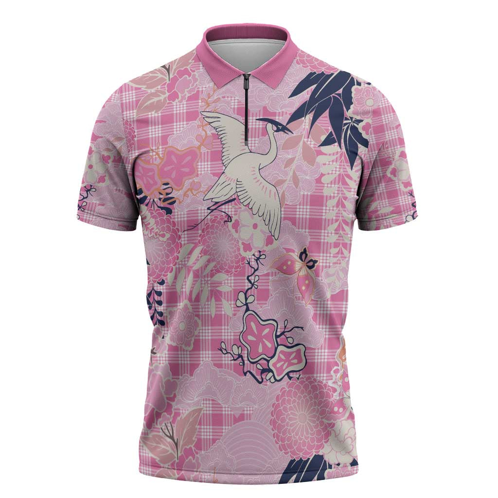 Pink Palaka Crane and Flowers Zipper Polo Shirt Japan Heritage Spirit - Polynesian Pride