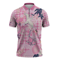 Pink Palaka Crane and Flowers Zipper Polo Shirt Japan Heritage Spirit - Polynesian Pride