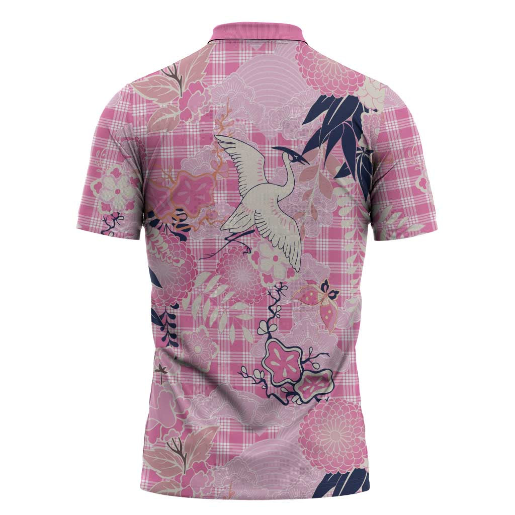 Pink Palaka Crane and Flowers Zipper Polo Shirt Japan Heritage Spirit - Polynesian Pride