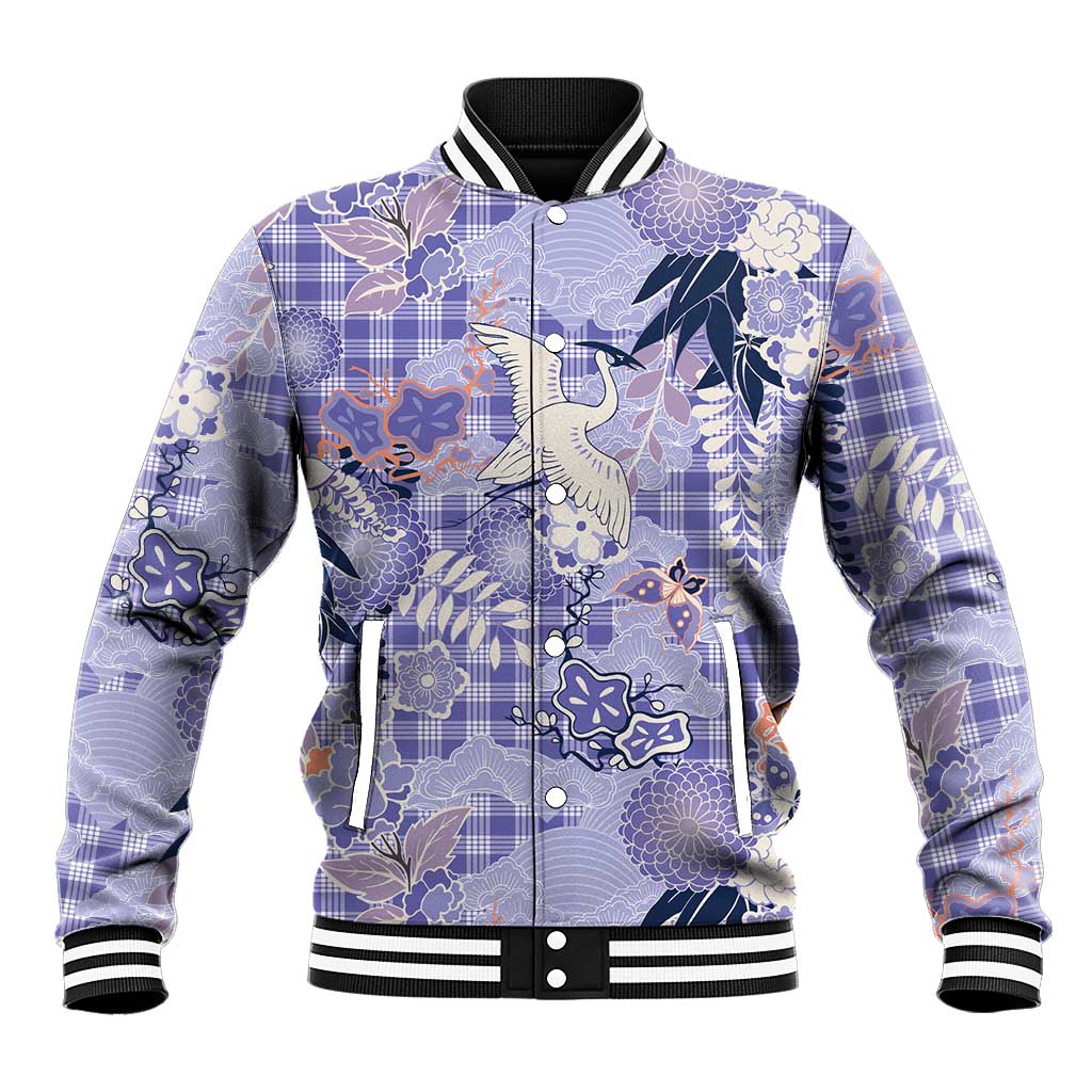 Purple Palaka Crane and Flowers Baseball Jacket Japan Heritage Spirit - Polynesian Pride