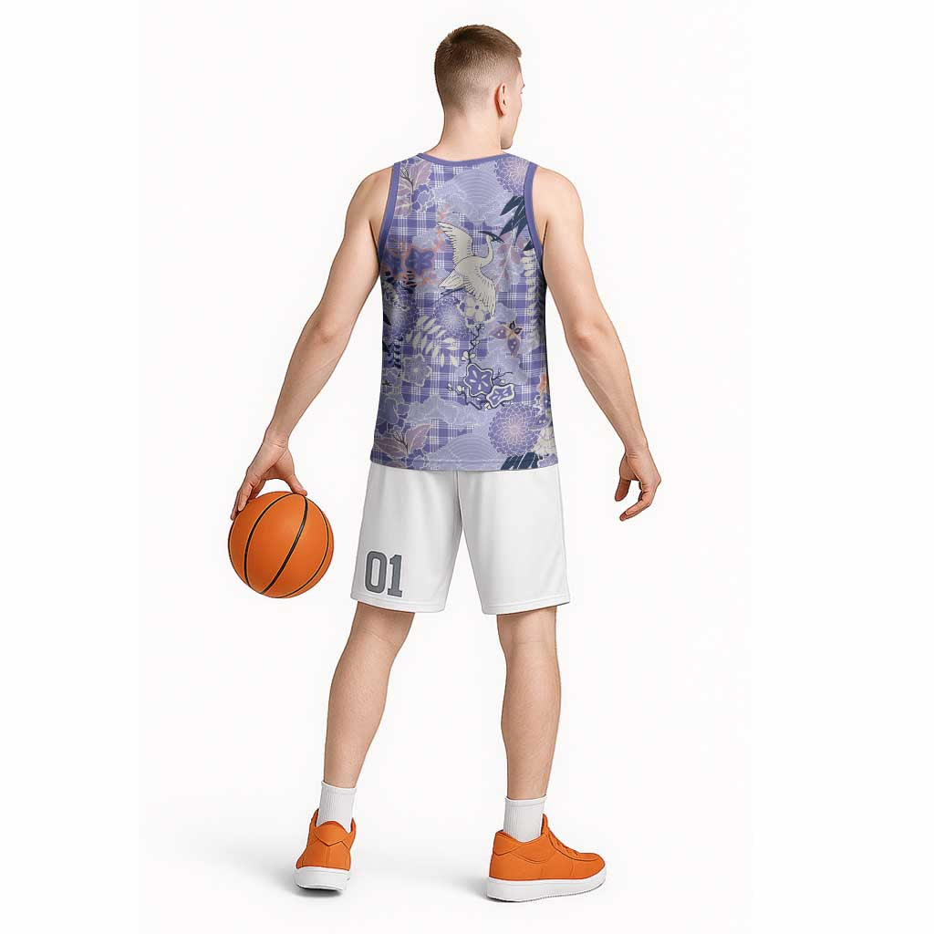 Purple Palaka Crane and Flowers Basketball Jersey Japan Heritage Spirit - Polynesian Pride
