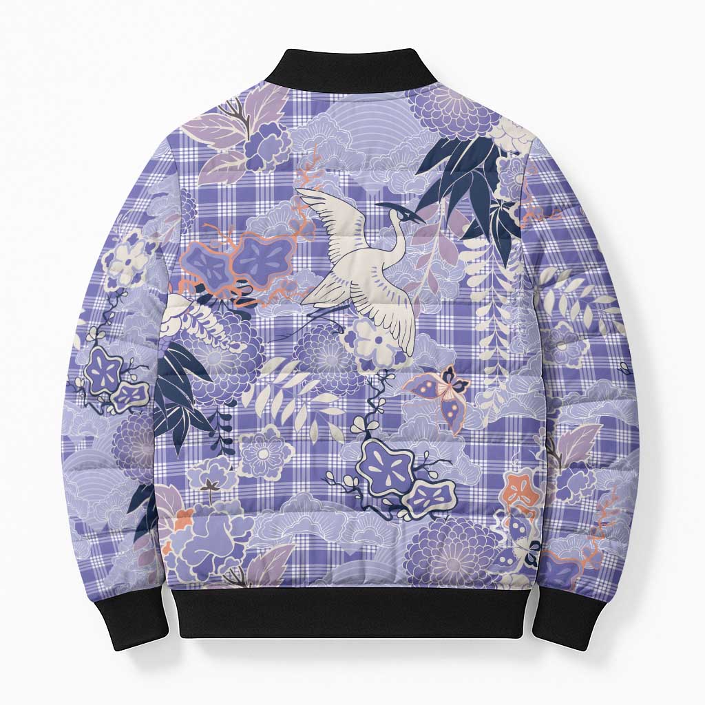 Purple Palaka Crane and Flowers Bomber Puffer Jacket Japan Heritage Spirit - Polynesian Pride
