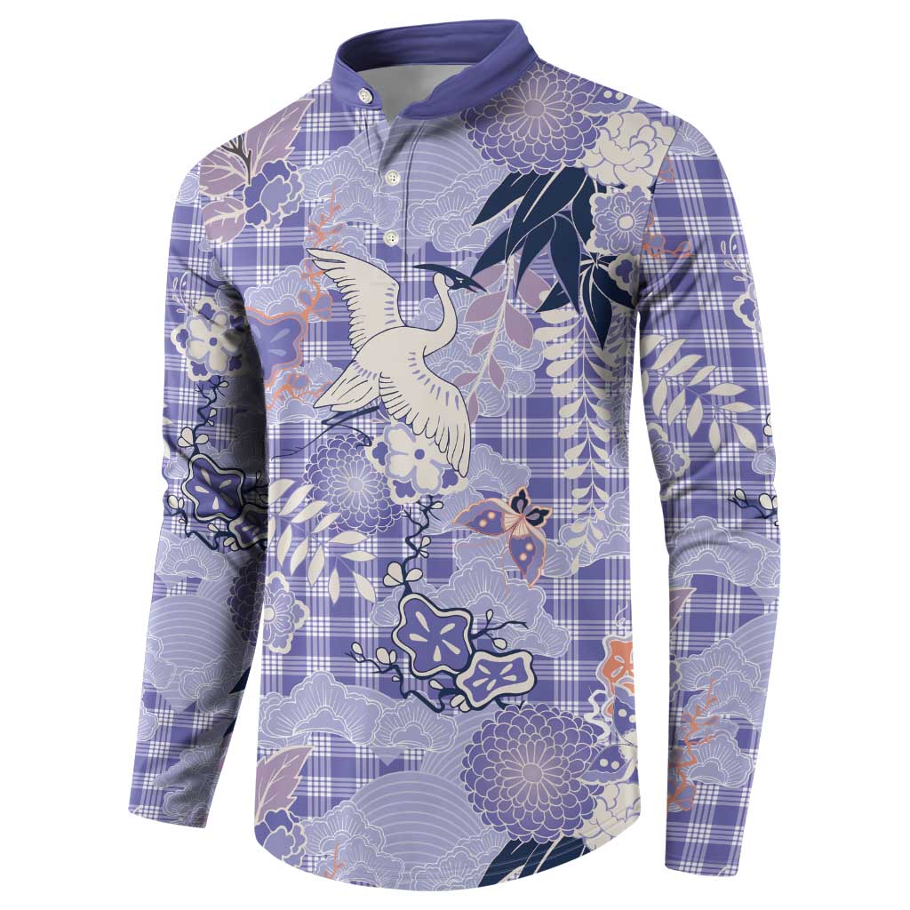 Purple Palaka Crane and Flowers Button Sweatshirt Japan Heritage Spirit - Polynesian Pride