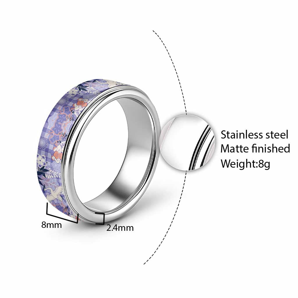 Purple Palaka Crane and Flowers Classic Ring Japan Heritage Spirit - Polynesian Pride