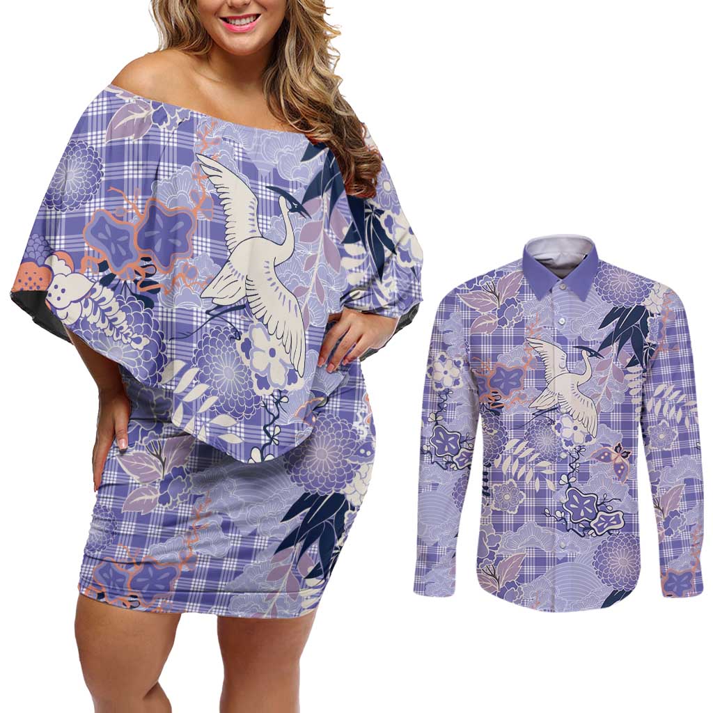 Purple Palaka Crane and Flowers Couples Matching Off Shoulder Short Dress and Long Sleeve Button Shirt Japan Heritage Spirit - Polynesian Pride