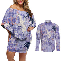 Purple Palaka Crane and Flowers Couples Matching Off Shoulder Short Dress and Long Sleeve Button Shirt Japan Heritage Spirit - Polynesian Pride