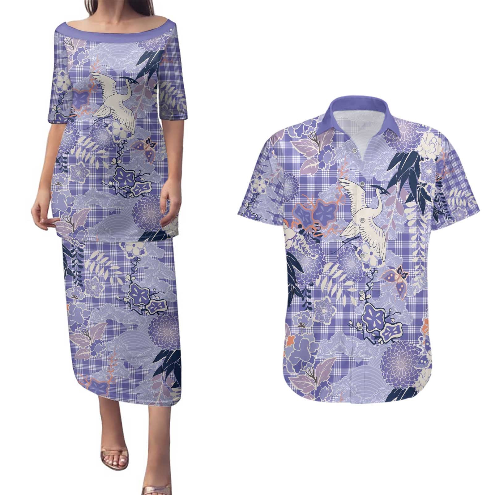 Purple Palaka Crane and Flowers Couples Matching Puletasi and Hawaiian Shirt Japan Heritage Spirit - Polynesian Pride