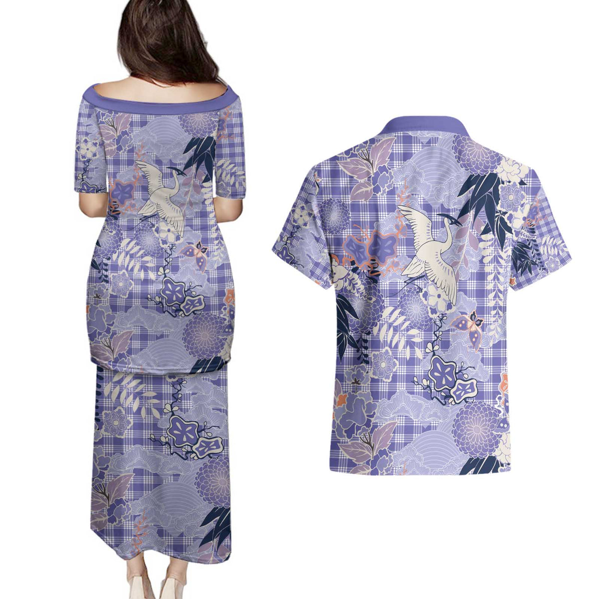 Purple Palaka Crane and Flowers Couples Matching Puletasi and Hawaiian Shirt Japan Heritage Spirit - Polynesian Pride