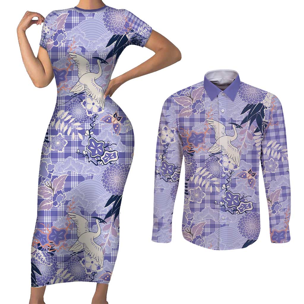 Purple Palaka Crane and Flowers Couples Matching Short Sleeve Bodycon Dress and Long Sleeve Button Shirt Japan Heritage Spirit - Polynesian Pride
