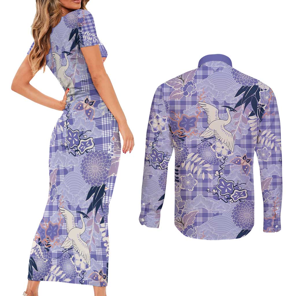 Purple Palaka Crane and Flowers Couples Matching Short Sleeve Bodycon Dress and Long Sleeve Button Shirt Japan Heritage Spirit - Polynesian Pride
