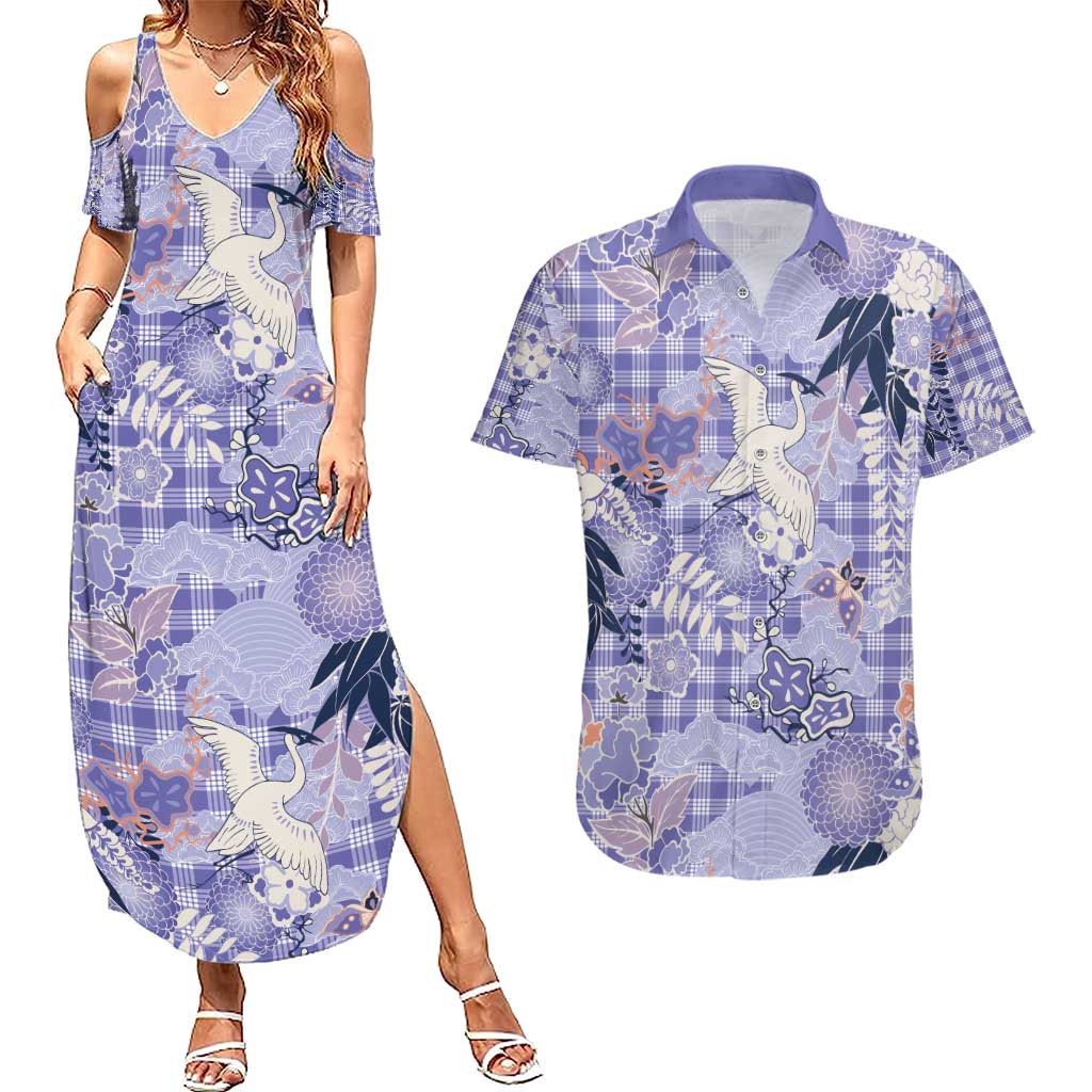 Purple Palaka Crane and Flowers Couples Matching Summer Maxi Dress and Hawaiian Shirt Japan Heritage Spirit - Polynesian Pride