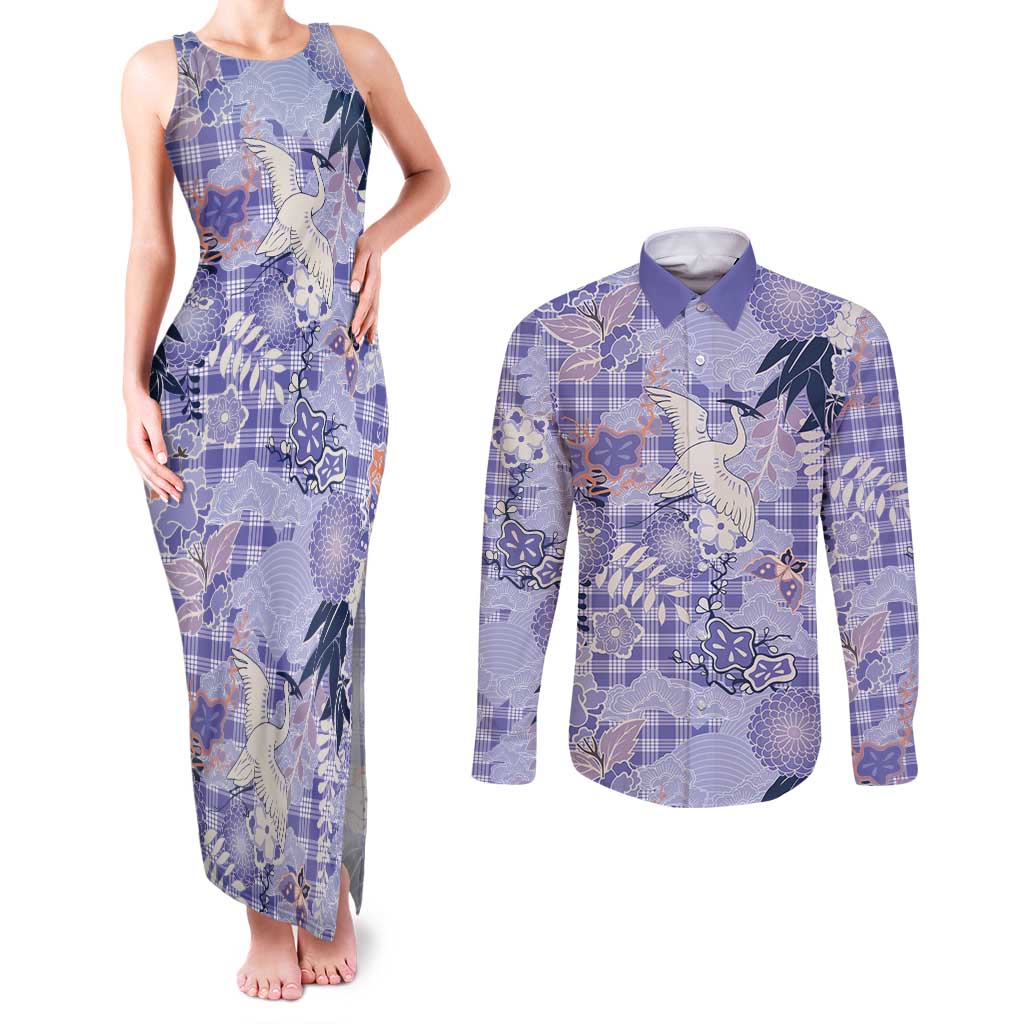 Purple Palaka Crane and Flowers Couples Matching Tank Maxi Dress and Long Sleeve Button Shirt Japan Heritage Spirit - Polynesian Pride