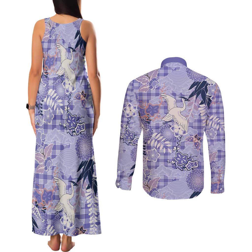Purple Palaka Crane and Flowers Couples Matching Tank Maxi Dress and Long Sleeve Button Shirt Japan Heritage Spirit - Polynesian Pride