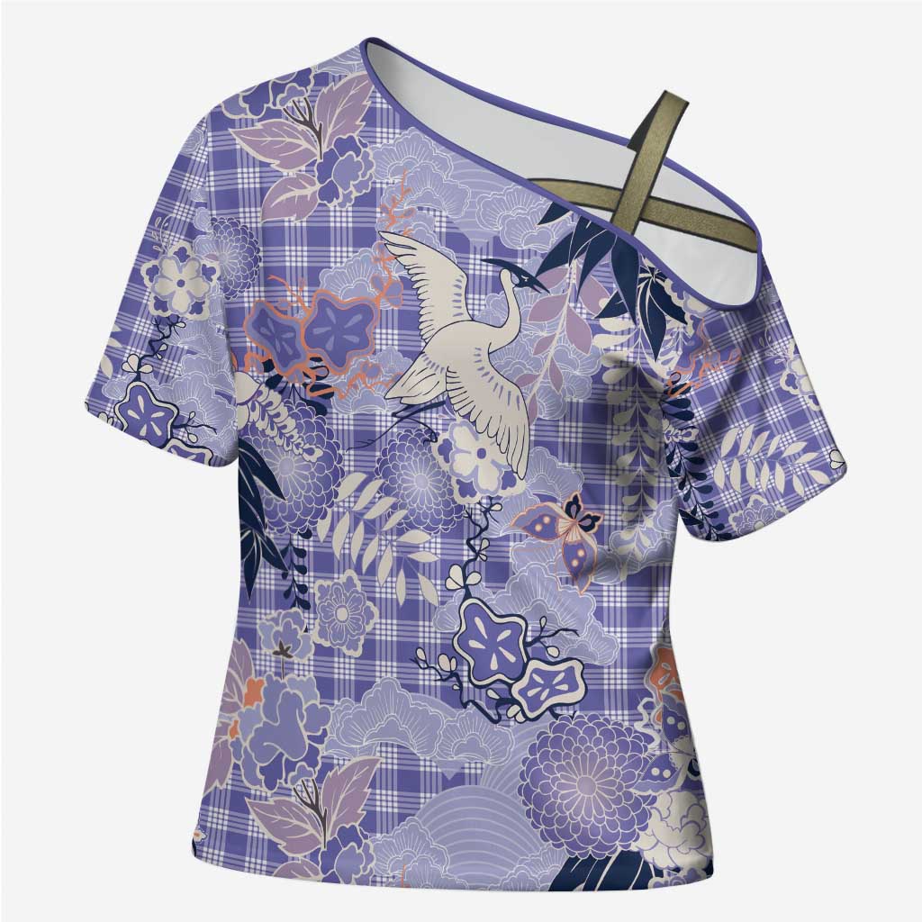 Purple Palaka Crane and Flowers Cross Shoulder Shirt Japan Heritage Spirit - Polynesian Pride