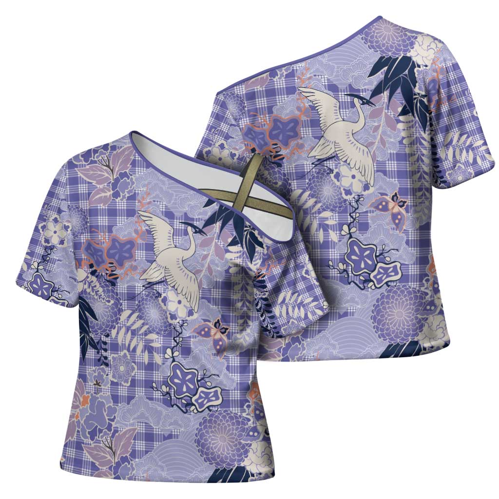 Purple Palaka Crane and Flowers Cross Shoulder Shirt Japan Heritage Spirit - Polynesian Pride