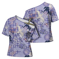 Purple Palaka Crane and Flowers Cross Shoulder Shirt Japan Heritage Spirit - Polynesian Pride