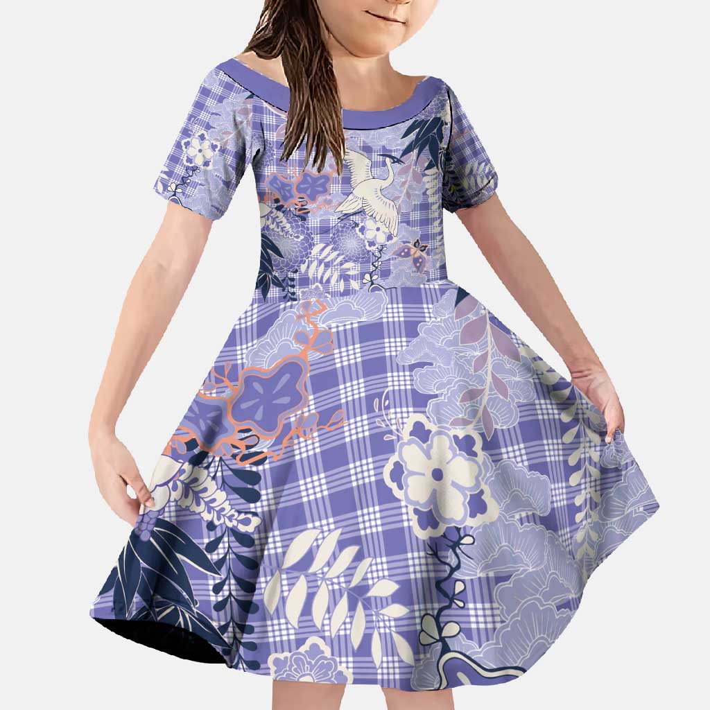 Purple Palaka Crane and Flowers Family Matching Long Sleeve Bodycon Dress and Hawaiian Shirt Japan Heritage Spirit LT9 Daughter's Dress Purple - Polynesian Pride