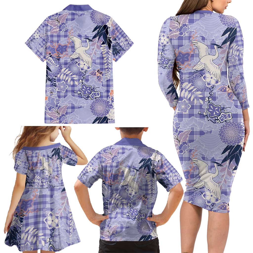Purple Palaka Crane and Flowers Family Matching Long Sleeve Bodycon Dress and Hawaiian Shirt Japan Heritage Spirit LT9 - Polynesian Pride