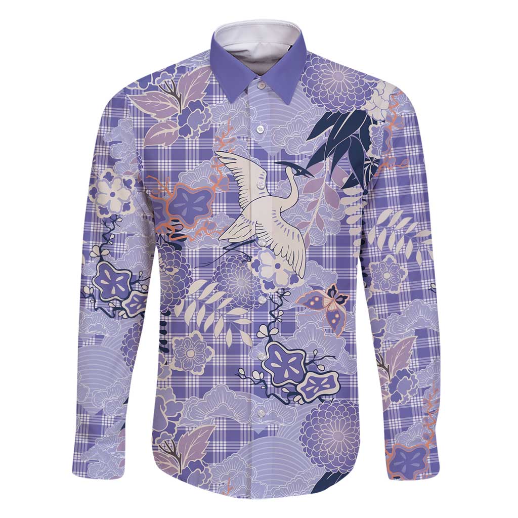 Purple Palaka Crane and Flowers Family Matching Long Sleeve Bodycon Dress and Hawaiian Shirt Japan Heritage Spirit LT9 Dad's Shirt - Long Sleeve Purple - Polynesian Pride