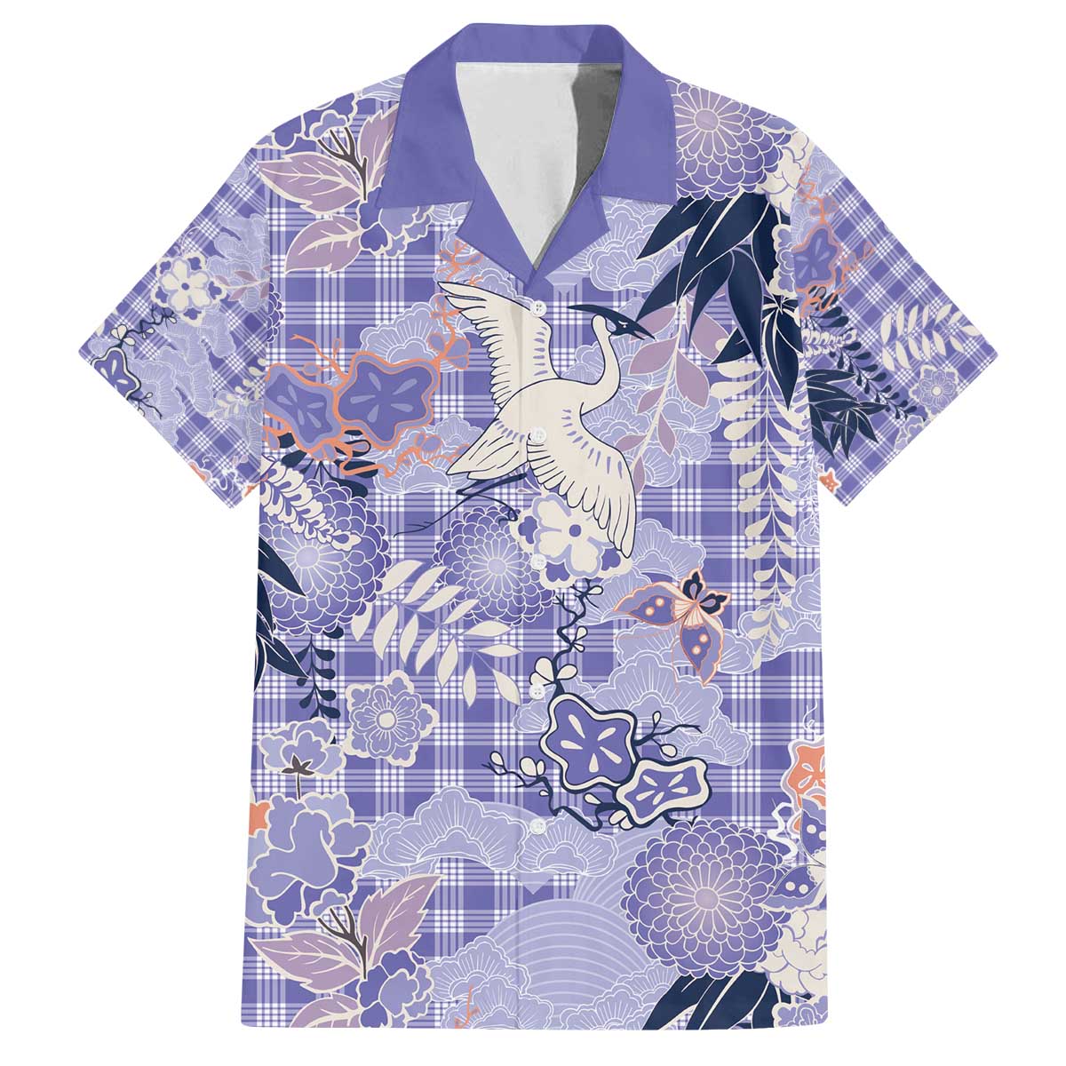 Purple Palaka Crane and Flowers Family Matching Off The Shoulder Long Sleeve Dress and Hawaiian Shirt Japan Heritage Spirit - Polynesian Pride