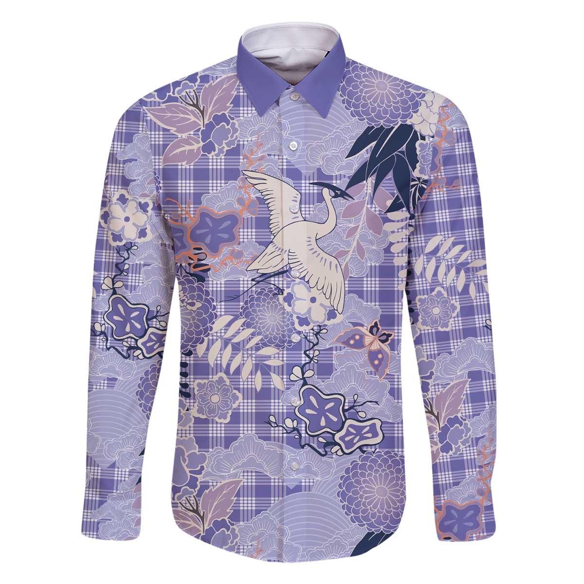 Purple Palaka Crane and Flowers Family Matching Off The Shoulder Long Sleeve Dress and Hawaiian Shirt Japan Heritage Spirit - Polynesian Pride