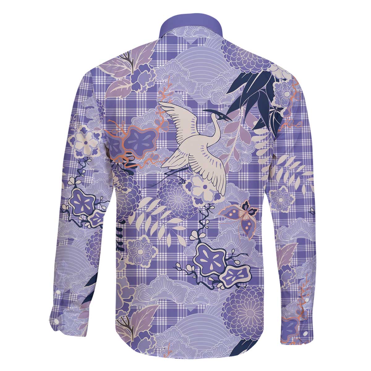 Purple Palaka Crane and Flowers Family Matching Off The Shoulder Long Sleeve Dress and Hawaiian Shirt Japan Heritage Spirit - Polynesian Pride