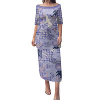 Purple Palaka Crane and Flowers Family Matching Puletasi and Hawaiian Shirt Japan Heritage Spirit LT9 Mom's Dress Purple - Polynesian Pride