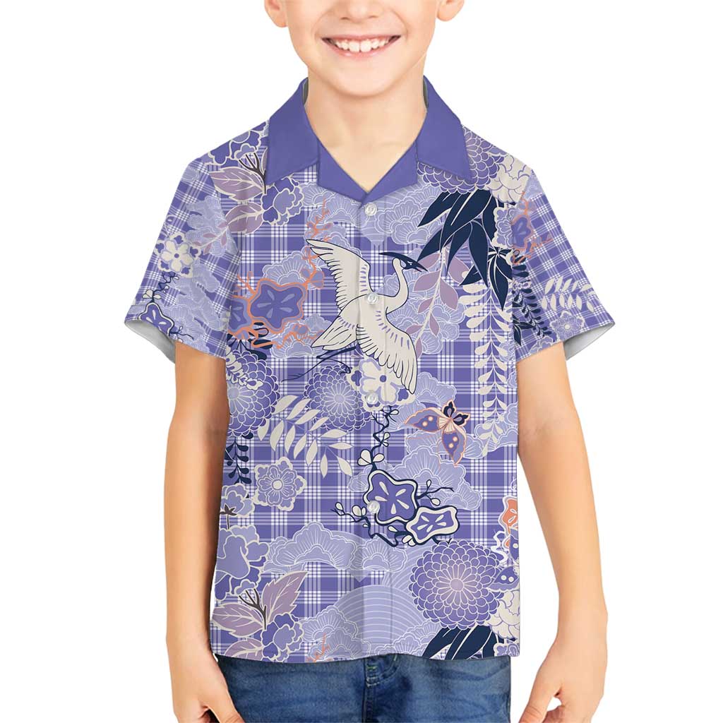 Purple Palaka Crane and Flowers Family Matching Summer Maxi Dress and Hawaiian Shirt Japan Heritage Spirit - Polynesian Pride