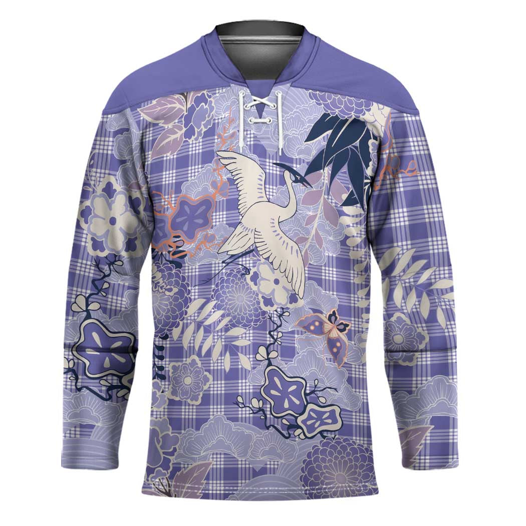 Purple Palaka Crane and Flowers Hockey Jersey Japan Heritage Spirit LT9 Unisex Purple - Polynesian Pride