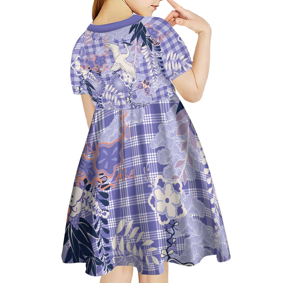 Purple Palaka Crane and Flowers Kid Short Sleeve Dress Japan Heritage Spirit - Polynesian Pride