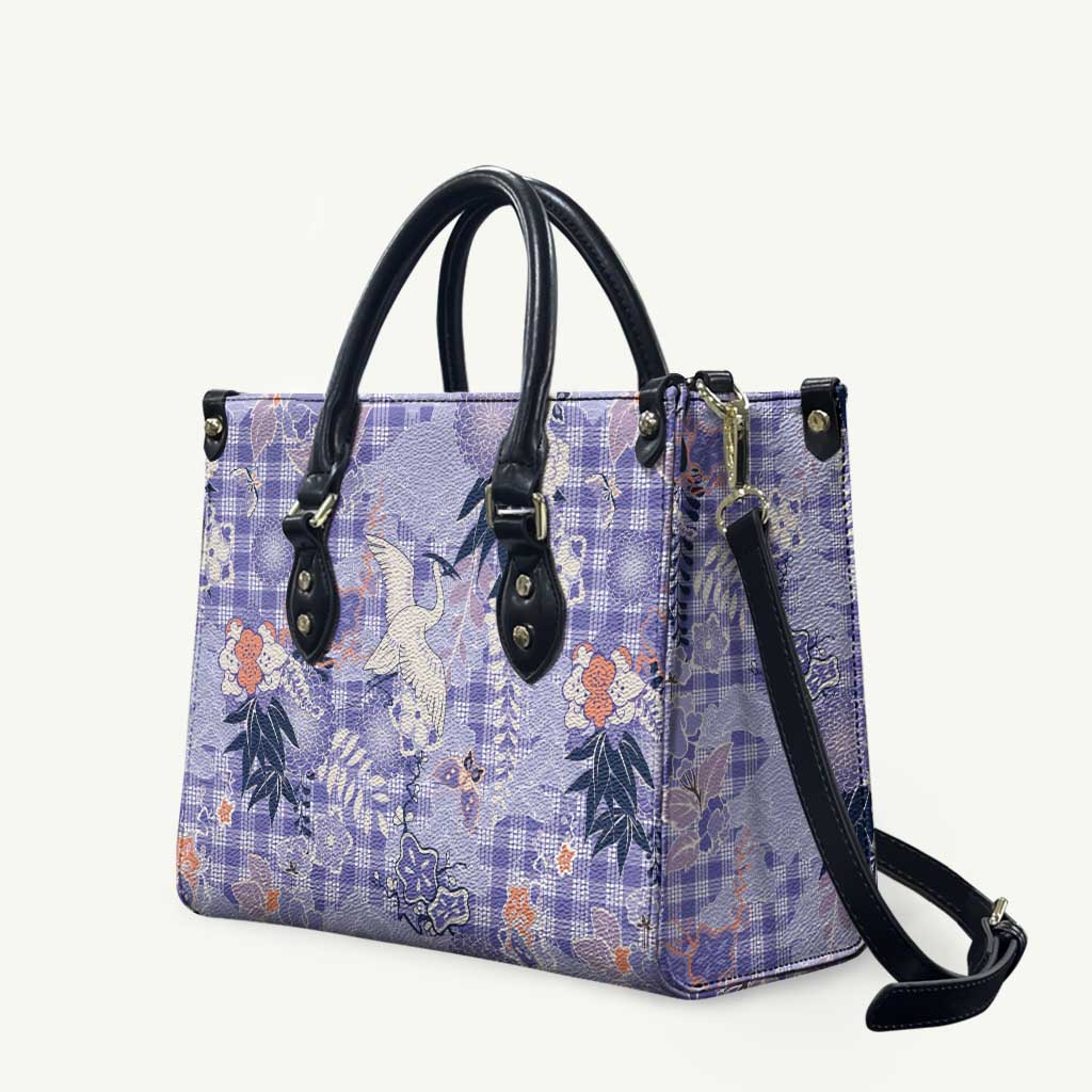 Purple Palaka Crane and Flowers Leather Bag Japan Heritage Spirit - Polynesian Pride