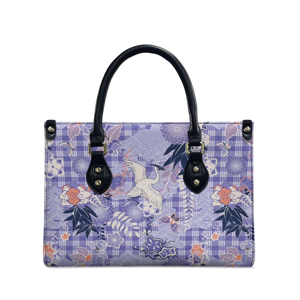 Purple Palaka Crane and Flowers Leather Bag Japan Heritage Spirit - Polynesian Pride