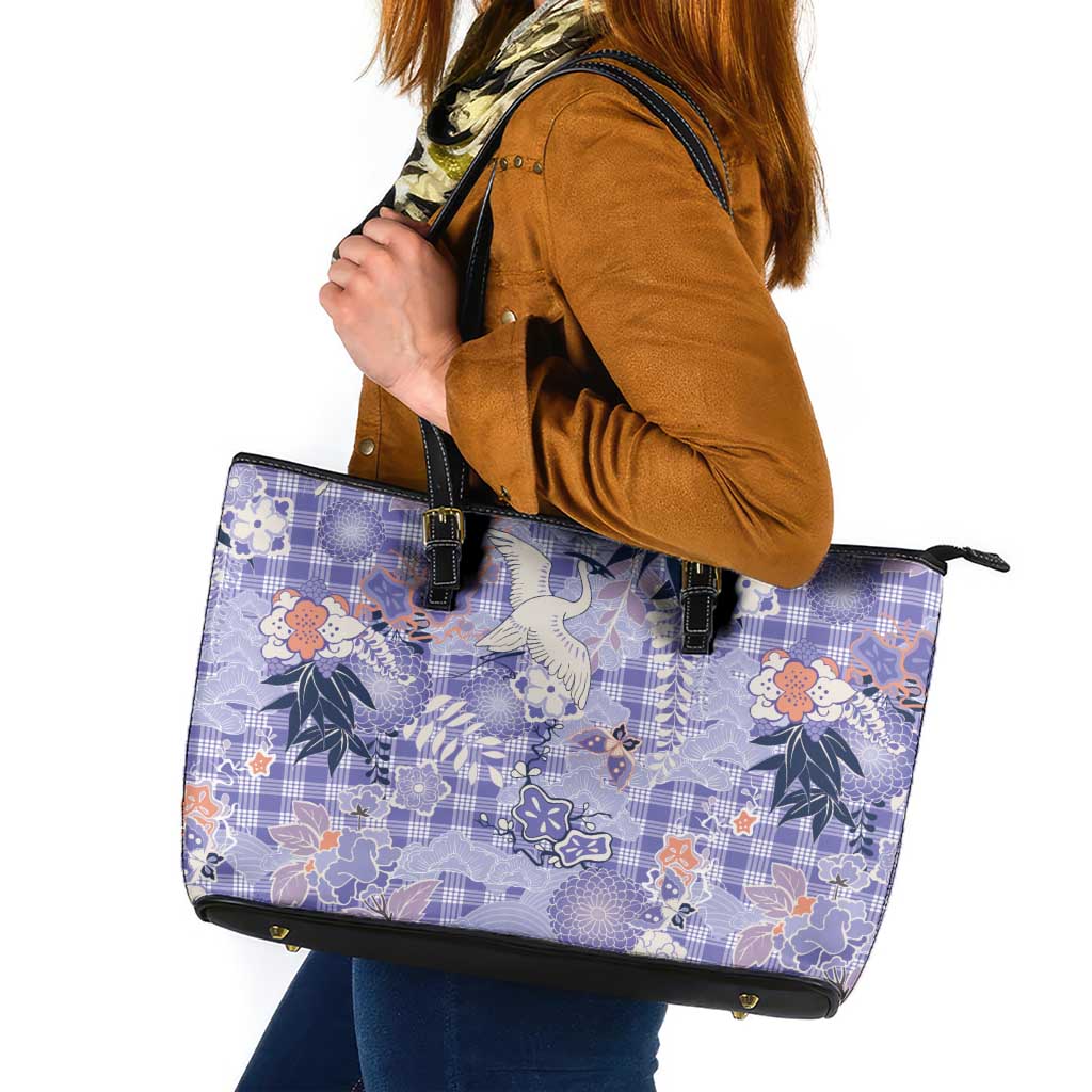 Purple Palaka Crane and Flowers Leather Tote Bag Japan Heritage Spirit LT9 Purple - Polynesian Pride