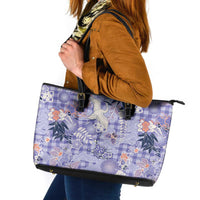 Purple Palaka Crane and Flowers Leather Tote Bag Japan Heritage Spirit LT9 Purple - Polynesian Pride