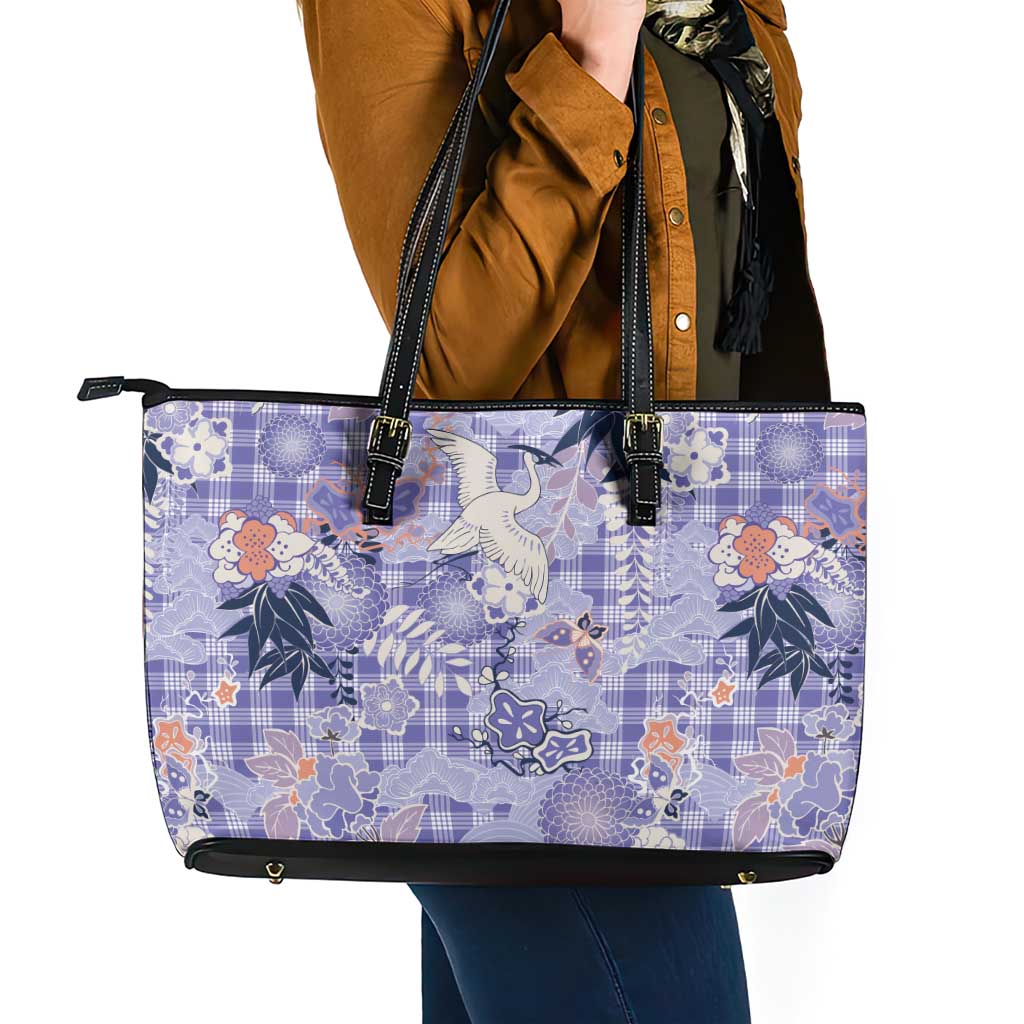 Purple Palaka Crane and Flowers Leather Tote Bag Japan Heritage Spirit LT9 - Polynesian Pride